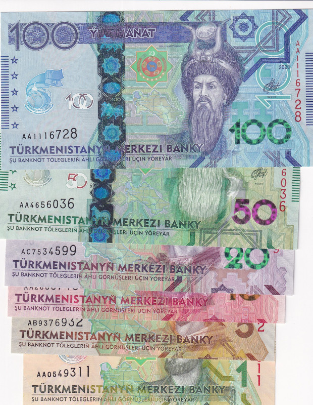 Turkmenistan, 1-5-10-20-50-100 Manat, 2020, UNC, (Total 6 banknotes)
Estimate: ...