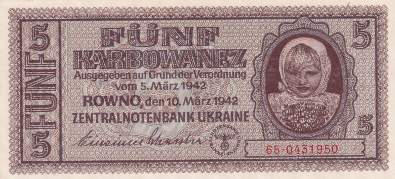 Ukraine, 5 Karbowanez, 1942, UNC, p51
WWII, German Occupation
Estimate: USD 50...