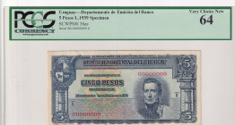 Uruguay, 5 Pesos, 1939, UNC, p36as, SPECIMEN
PCGS 64
Estimate: USD 25-50