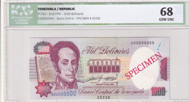 Venezuela, 1.000 Bolívares, 1991, UNC, p73s1, SPECIMEN
ICG 68
Estimate: USD 50...