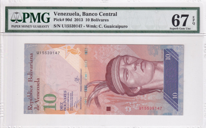 Venezuela, 10 Bolívares, 2013, UNC, p90d
PMG 67 EPQ, High condition 
Estimate:...