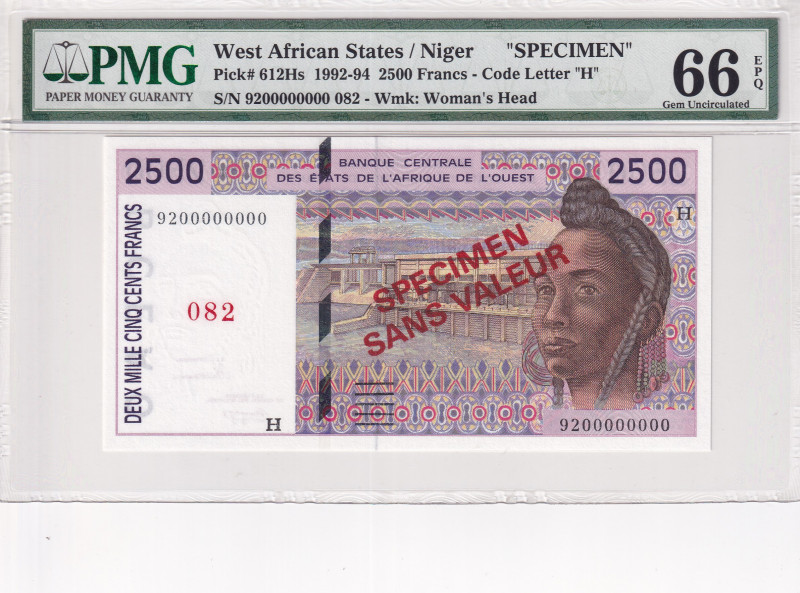 West African States, 2.500 Francs, 1992/1994, UNC, p612Hs, SPECIMEN
PMG 66 EPQ...