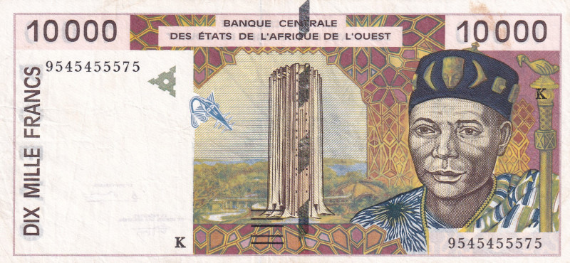 West African States, 10.000 Francs, 1995, VF, p714Kc
"K'' Senegal
Estimate: US...