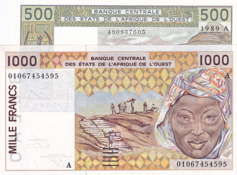 West African States, 500-1.000 Francs, 1989/2001, UNC, p106A; p111A, (Total 2 ba...