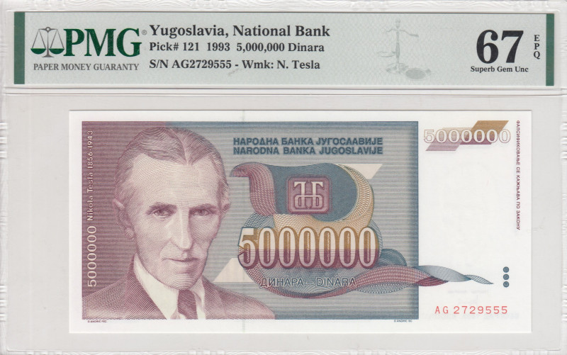 Yugoslavia, 5.000.000 Dinara, 1993, UNC, p121
PMG 67 EPQ, High condition 
Esti...