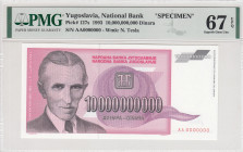 Yugoslavia, 10.000.000.000 Dinara, 1993, UNC, p127s, SPECIMEN
PMG 67 EPQ, High condition 
Estimate: USD 25-50