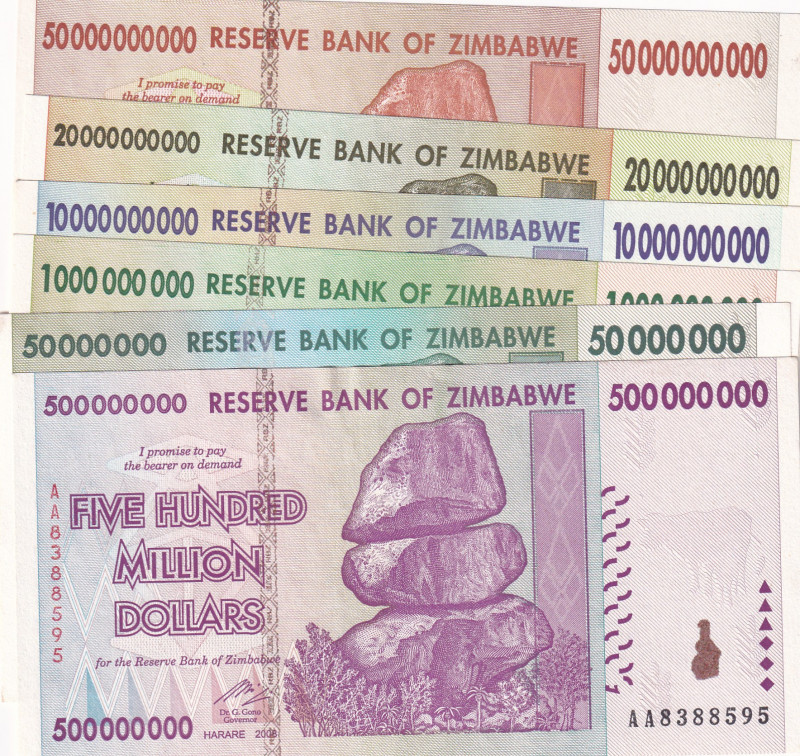 Zimbabwe, 50-500 Million-1-10-20-50 Billion Dollars, 2008, (Total 6 banknotes)
...