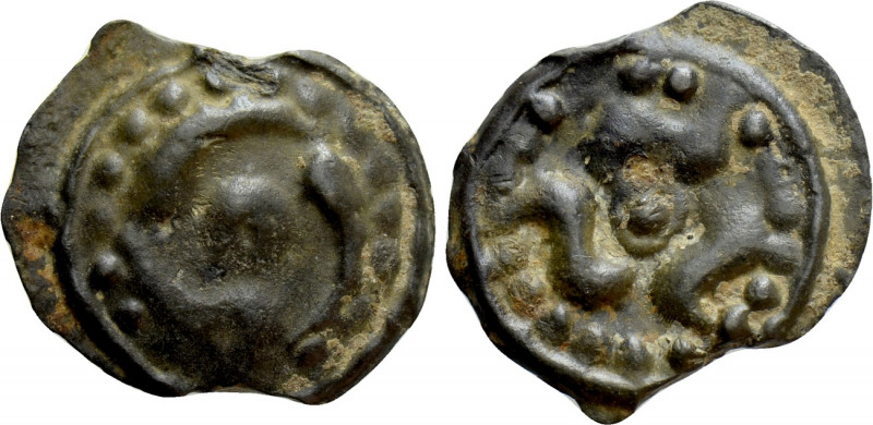 WESTERN EUROPE. Central Gaul. Lingones. Potin (100-30 BC). 

Obv: Three horn-s...