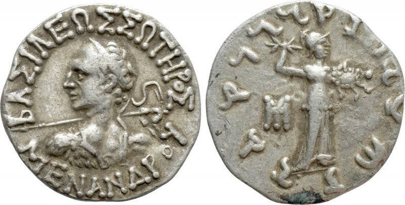 KINGS OF BAKTRIA. Menander I Soter (Circa 155-130 BC). Drachm. 

Obv: ΒΑΣΙΛΕΩΣ...