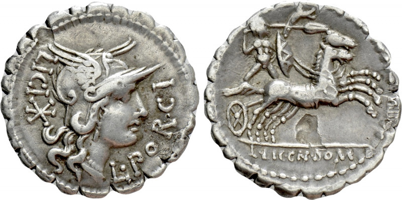 L. PORCIUS LICINIUS. Serrate Denarius (118 BC). Rome. 

Obv: L PORCI / LICI. ...