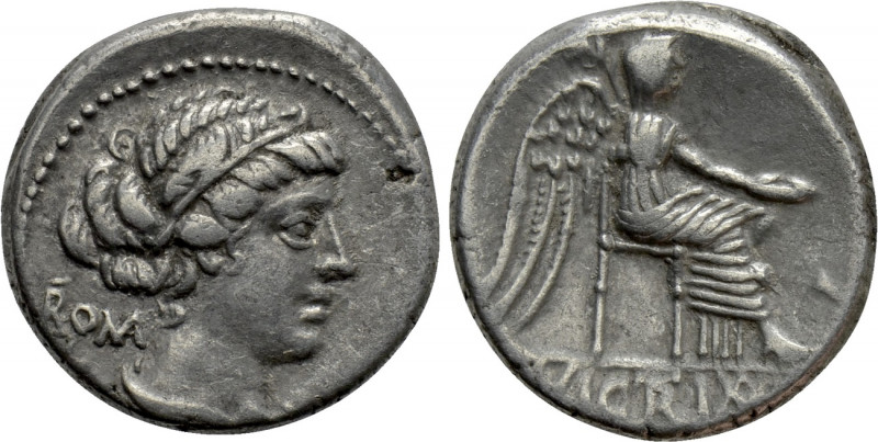 M. CATO. Denarius (89 BC). Rome. 

Obv: ROMA / M CATO. 
Diademed and draped f...