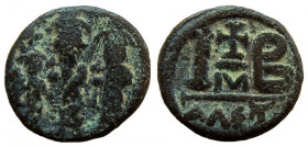 Heraclius, with Heraclius Constantine and Heraclonas, 610-641 AD. AE 12 Nummi. Alexandria mint.