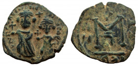 Heraclius, with Heraclius Constantine. 610-641 AD. AE Follis. 24 mm.Seleucia Isauriae mint.