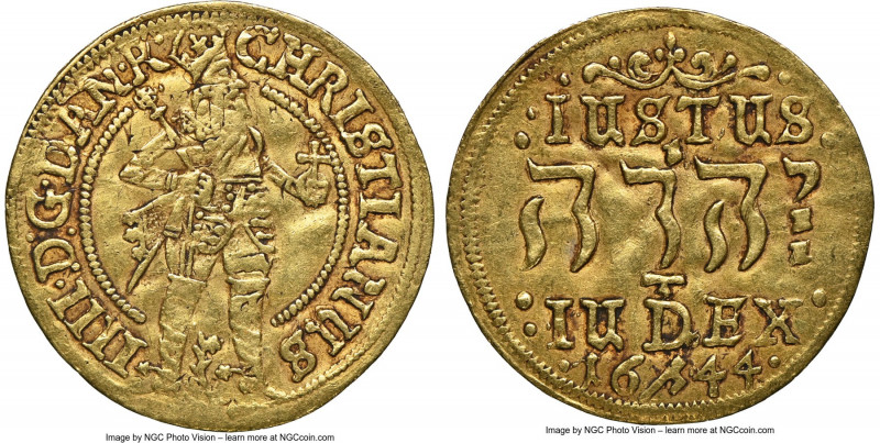 Christian IV gold Ducat 1644-(h) AU50 NGC, Copenhagen mint, KM141, Fr-39. 3.44gm...