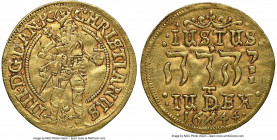 Christian IV gold Ducat 1644-(h) AU50 NGC, Copenhagen mint, KM141, Fr-39. 3.44gm. Variety with flower in between Christian's legs. The sought-after "H...