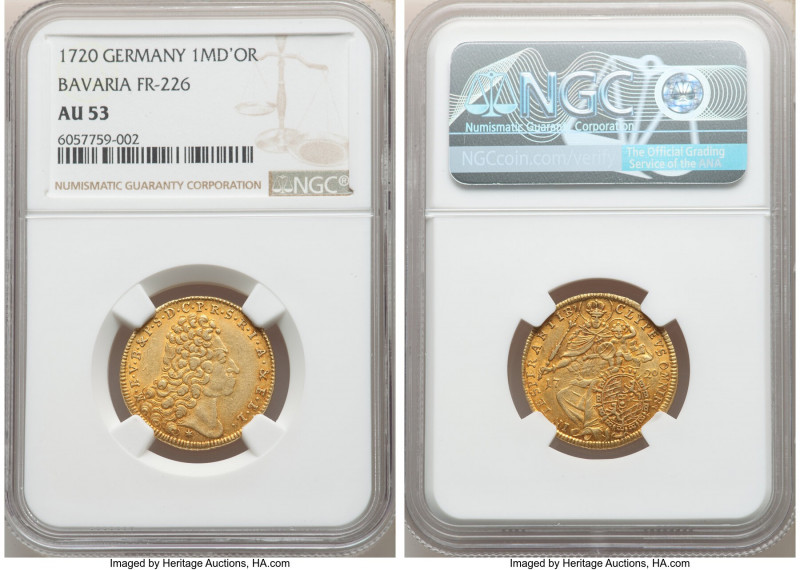 Bavaria. Maximilian II Emanuel gold Maximilian d'Or 1720 AU53 NGC, Munich mint, ...