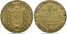 Brunswick-Wolfenbüttel. Karl II gold 5 Taler 1818-FR AU55 NGC, KM1073, Fr-733. A sought-after type bearing chiseled motifs and semi-reflective fields....
