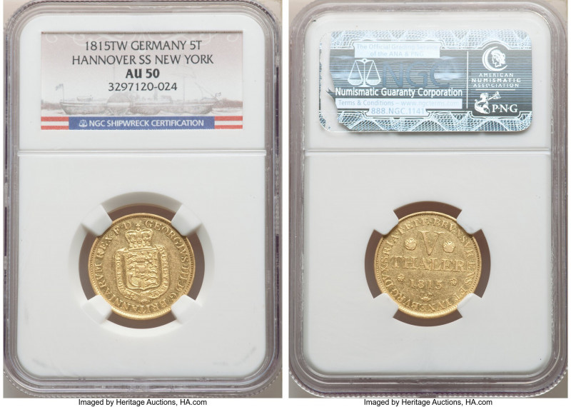 Hannover. George III of England gold 5 Taler 1815-TW AU 50 NGC, KM101. From the ...