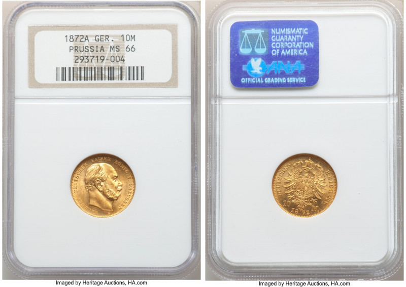 Prussia. Wilhelm I gold 10 Mark 1872-A MS66 NGC, Berlin mint, KM502. Exceedingly...