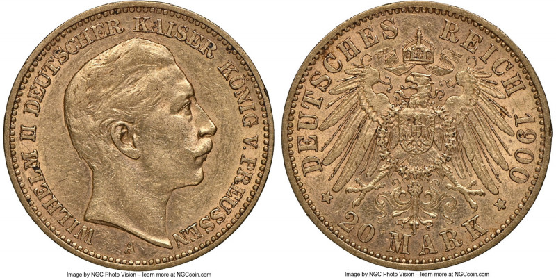 Prussia. Wilhelm II gold 20 Mark 1900-A AU58 NGC, Berlin mint, KM521. A sharp re...