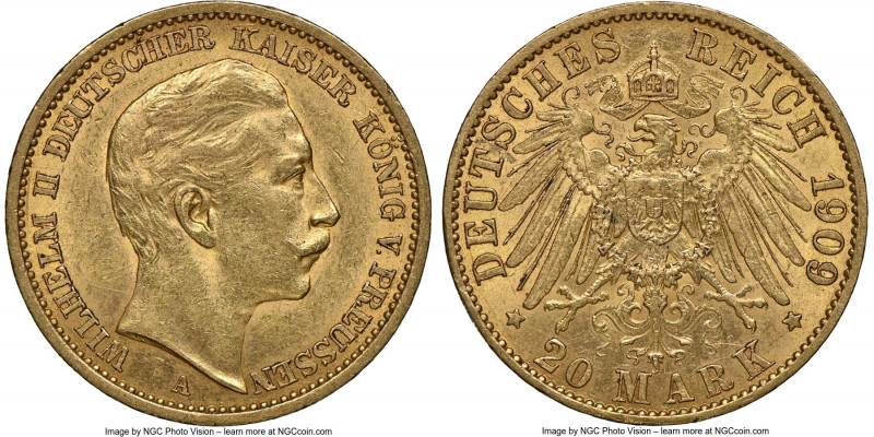 Prussia. Wilhelm II gold 20 Mark 1909-A AU58 NGC, Berlin mint, KM521. A borderli...