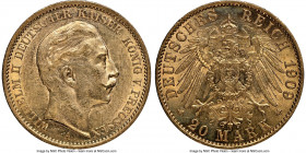 Prussia. Wilhelm II gold 20 Mark 1909-A AU58 NGC, Berlin mint, KM521. Witnessed on the cusp of Mint State with notable residual luster.

HID0980124201...