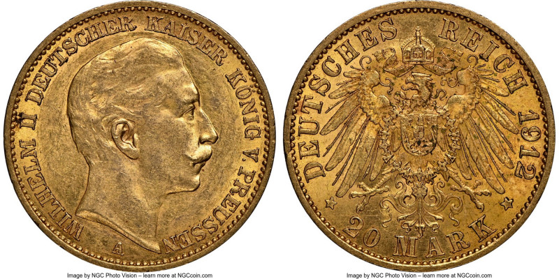 Prussia. Wilhelm II gold 20 Mark 1912-A AU58 NGC, Berlin mint, KM521. Wholly aur...
