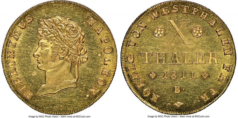 Westphalia. Jerome Napoleon gold 10 Taler 1811-B MS62 NGC, Braunschweig mint, KM...