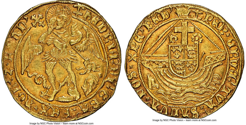 Henry VII (1485-1509) gold Angel ND (1499-1502) AU55 NGC, Tower mint, Anchor mm,...