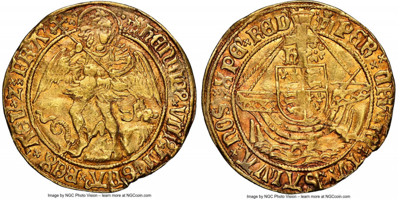 Henry VIII (1509-1547) gold Angel ND (1509-1526) AU55 NGC, Tower mint, Portculli...