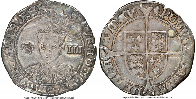 Edward VI (1547-1553) 3 Pence ND (1551-1553) AU Details (Plugged) NGC, Tower min...