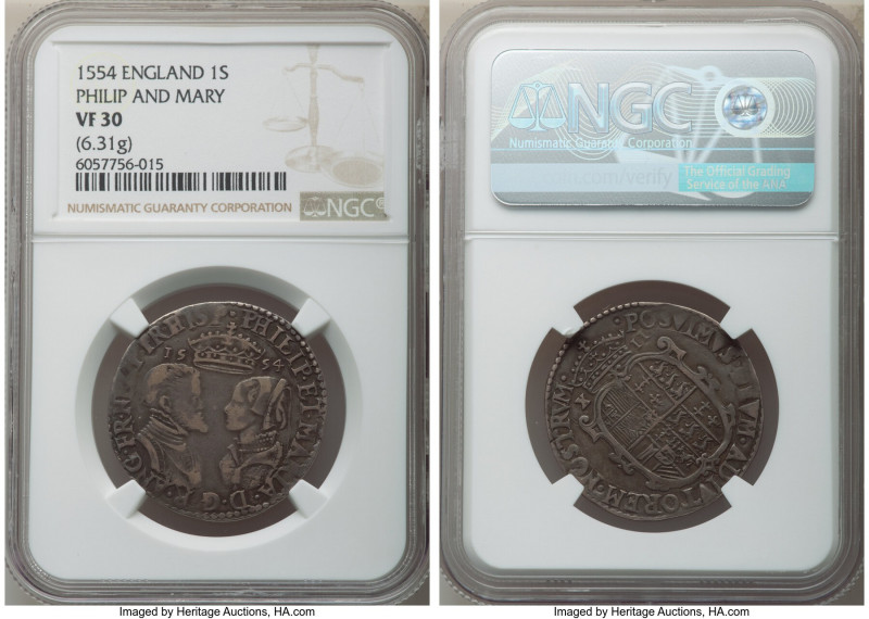 Philip II of Spain & Mary (1554-1558) Shilling 1554 VF30 NGC, Tower mint, S-2500...