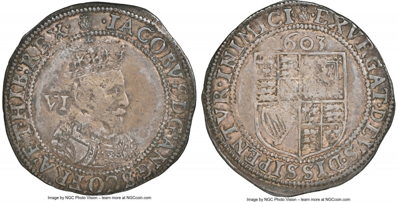 James I 6 Pence 1603 VF35 NGC, Tower mint, Thistle mm, KM11, S-2647. 2.87gm. A c...