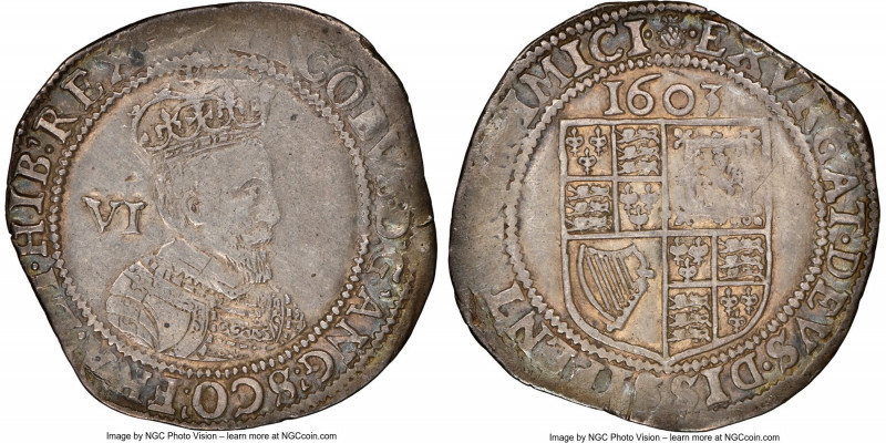 James I 6 Pence 1603 VF Details (Obverse Cleaned) NGC, Tower mint, Thistle mm, K...