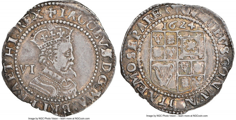 James I 6 Pence 1624 AU53 NGC, Tower mint, Trefoil mm, KM77, S-2670. 2.74gm. A p...