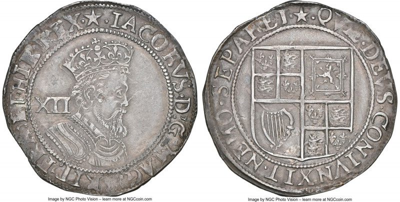 James I Shilling ND (1611-1612) XF45 NGC, Tower mint, Mullet mm, KM28, S-2656. 5...