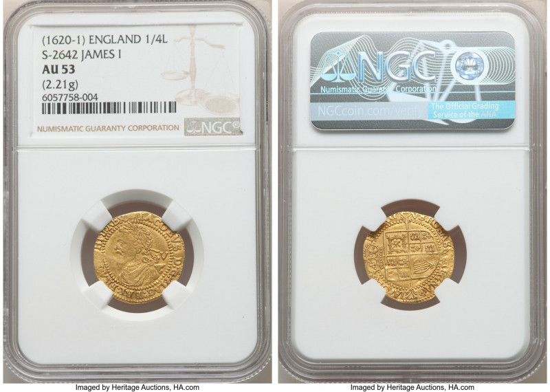 James I gold 1/4 Laurel ND (1623-1624) AU53 NGC, Tower mint, mm not visible, Thi...