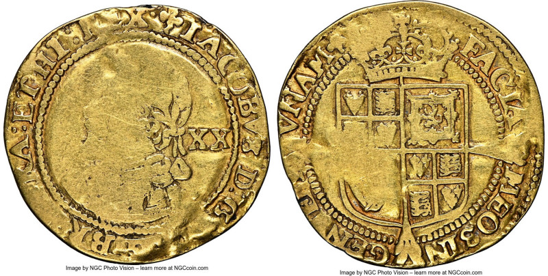 James I gold Laurel ND (1620-1621) VG8 NGC, Tower mint, Trefoil mm, Third coinag...