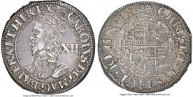 Charles I Shilling ND (1643-1644) AU58 NGC, York mint, Lion mm, KM191, S-2872. 6.00gm. Obv. Crowned and mantled bust left; XII behind. Rev. Garnished ...