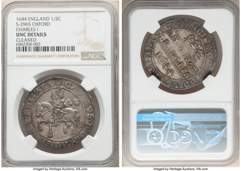 Charles I 1/2 Crown 1644 UNC Details (Cleaned) NGC, Oxford mint, KM214.7, S-2965...