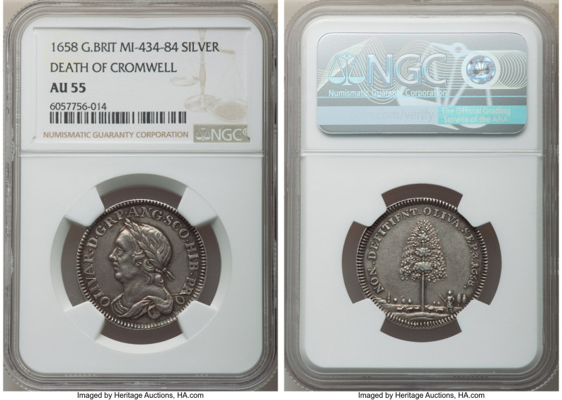 Oliver Cromwell silver "Death" Medal 1658 AU55 NGC, MI-434/84. 28mm. A sought-af...