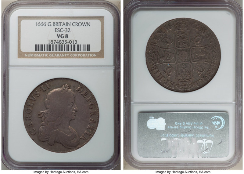 Charles II Crown 1666 VG8 NGC, KM422.1, ESC-366 (prev. ESC-32), S-3356. An affor...