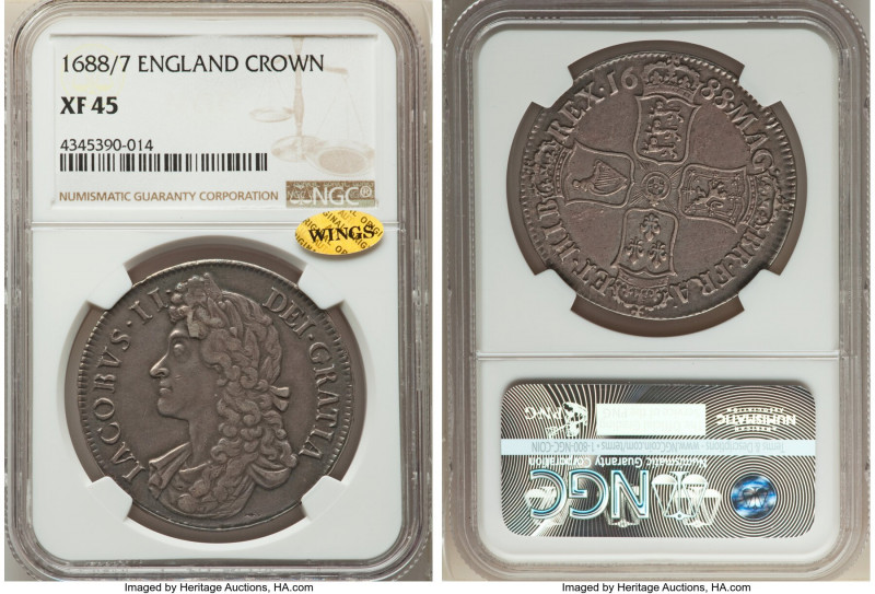 James II Crown 1688/7 XF45 NGC, KM463, S-3407, ESC-81. Slate surfaces grace this...