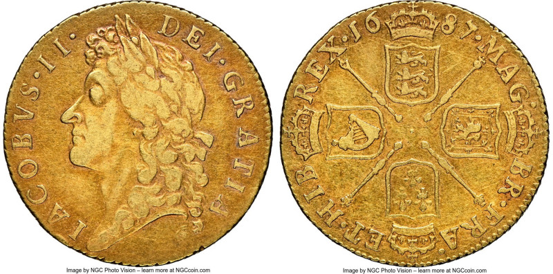 James II gold Guinea 1687 VF35 NGC, KM459.1, S-3402. 2nd laureate bust. A scarce...