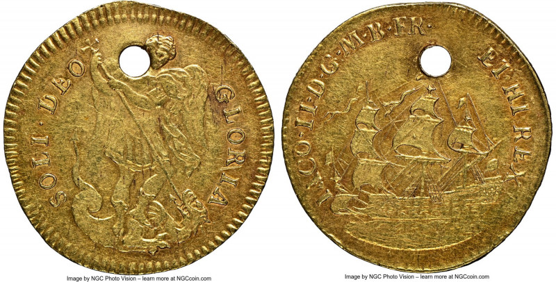 James II gold "Touch Piece" ND (1685) AU Details (Holed) NGC, MI-611/19, 19mm. S...