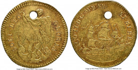 James II gold "Touch Piece" ND (1685) AU Details (Holed) NGC, MI-611/19, 19mm. SOLI DEO GLORIA, Archangel Michael spearing dragon / IACO II D G M B FR...