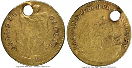 James II gold "Touch Piece" ND (1685) VF Details (Holed) NGC, MI-611/19, 19mm. SOLI DEO GLORIA, Archangel Michael spearing dragon / IACO II D G M B FR...