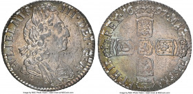 William III 6 Pence 1697 MS65 NGC, KM496.1, S-3538. A glowing and resplendent gem dressed in multi-chromatic iridescence over satin surfaces, a distin...
