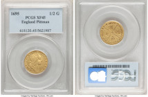 William III gold 1/2 Guinea 1695 XF45 PCGS, KM487.1, S-3466. A mildly handled representative of this sought-after issue, presenting a sound strike and...