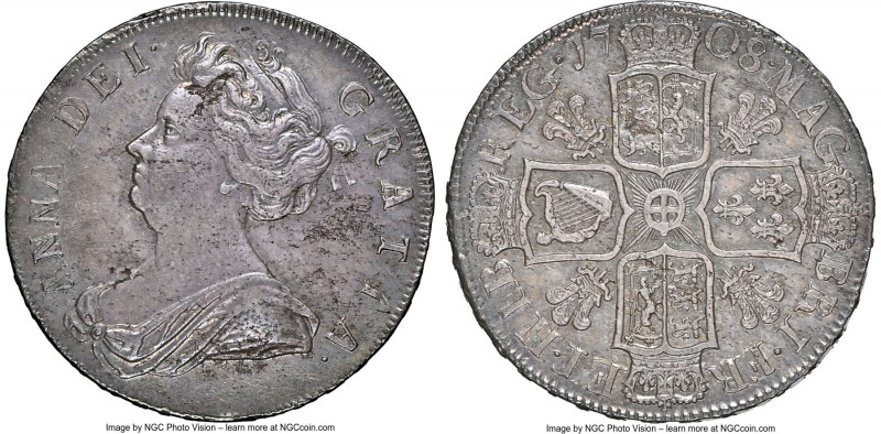 Anne 1/2 Crown 1708 AU58 NGC, KM525.3, S-3606. Plumes type. SEPTIMO edge. Blesse...